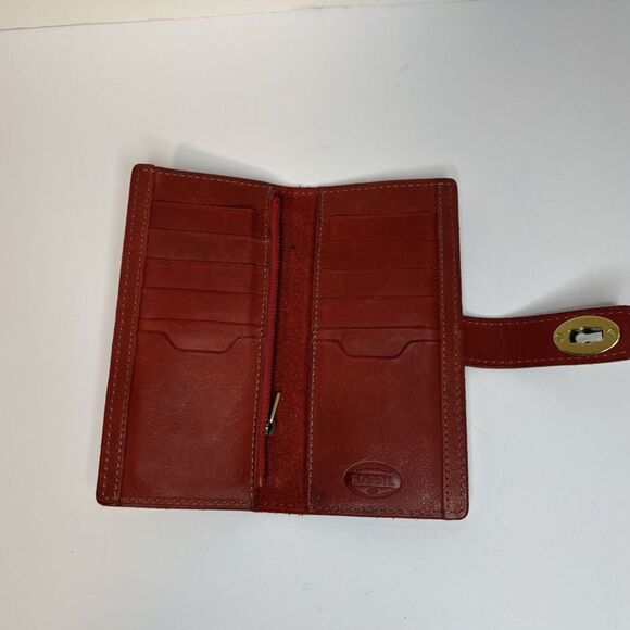 Fossil Austin Red Soft Leather Bifold Wallet Slim Turnlock Checkbook Card Wallet - Picture 4 of 7